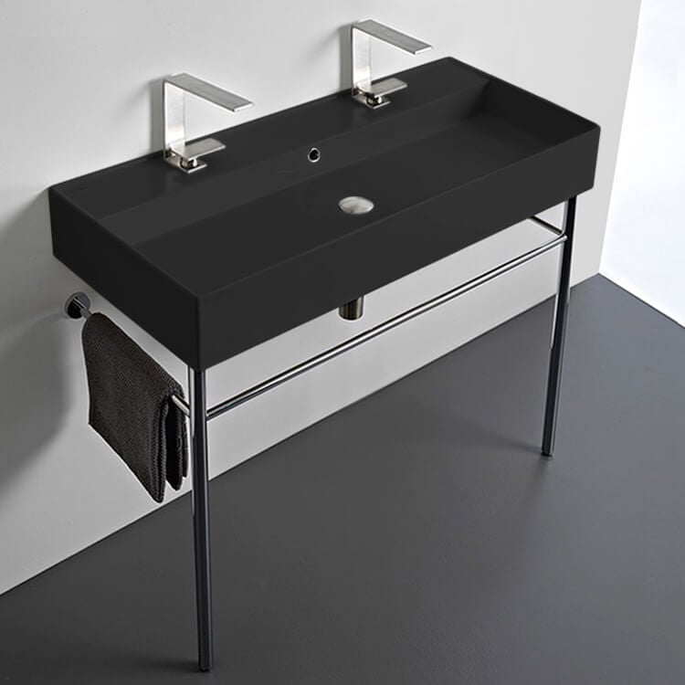 Scarabeo 8031/R-100B-49-CON-Two Hole Double Matte Black Ceramic Console Sink and Polished Chrome Stand